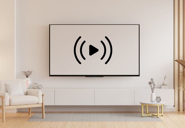 Light neutral modern living room with a tv on the wall that has a symbol representing tv and streaming